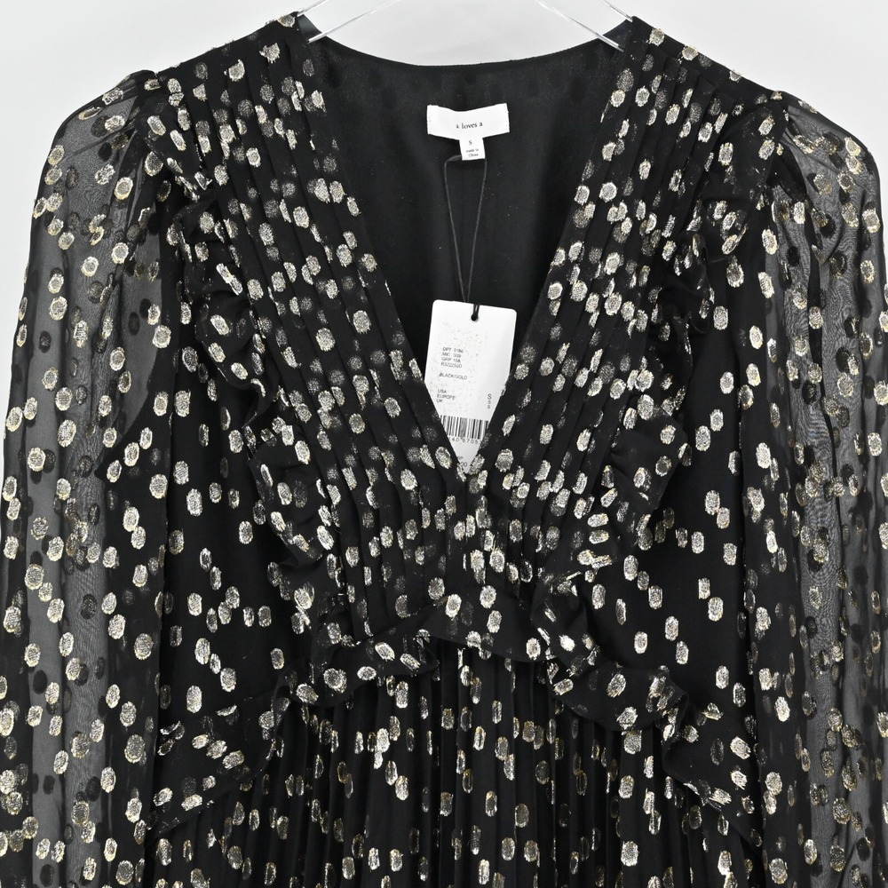 A LOVES A Metallic Dress Size S Black Gold Dot Silk Blend VNeck Accordion NEW - Picture 10 of 14